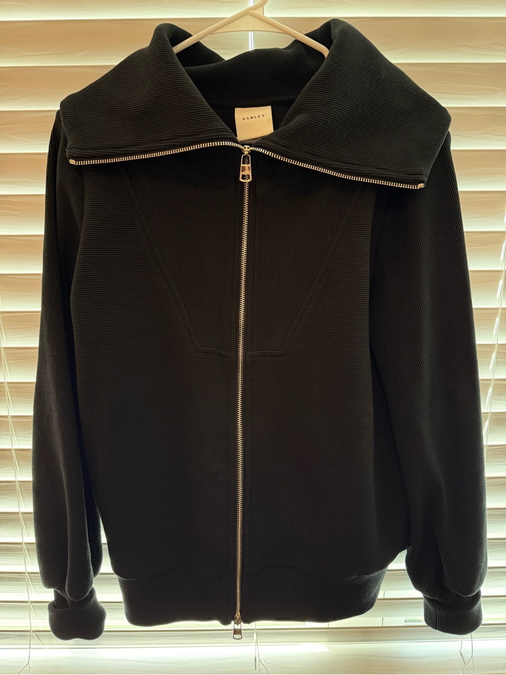 Varley Black Ribbed Zip-Up Funnel Collar Jacket